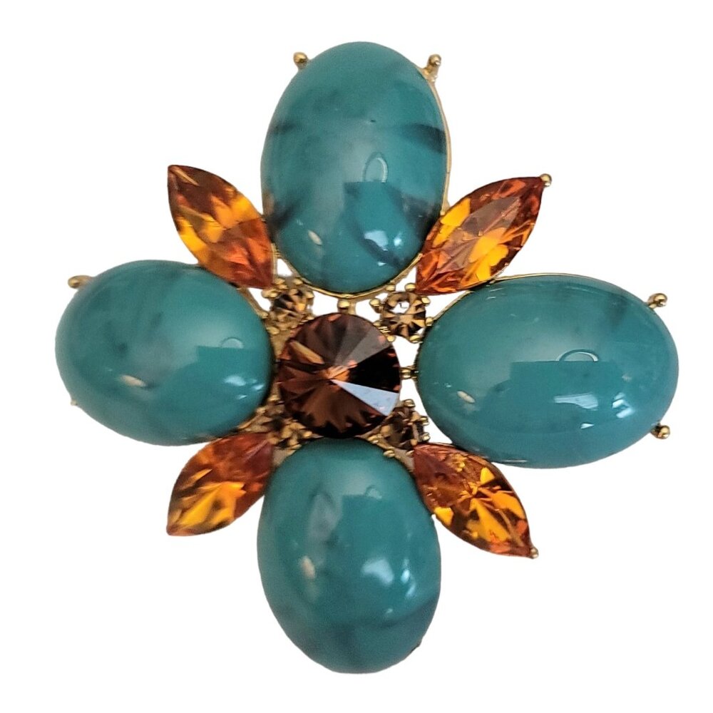 BJ Gold Tone Lucite Topaz Purple Rhinestone Maltese Cross Brooch Pendant M546